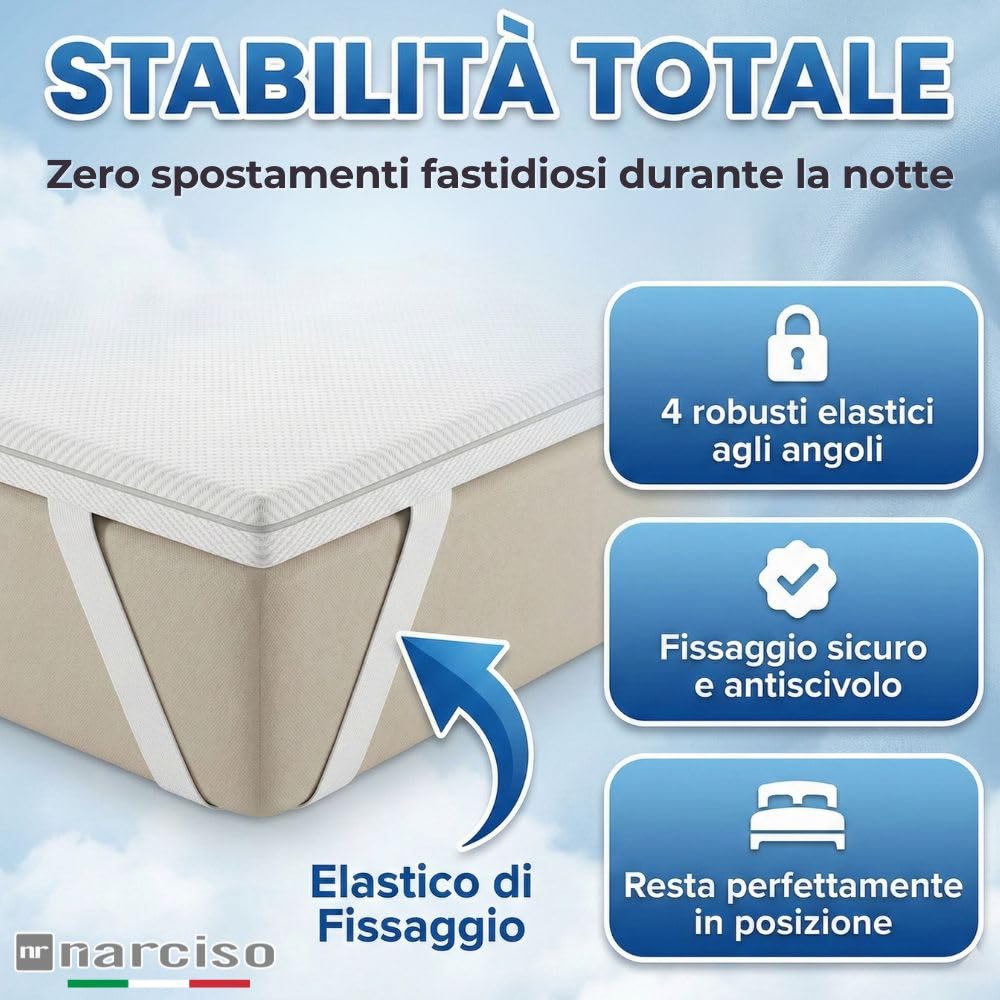 Topper per Materasso Memory Foam, Made in Italy, Lastra di Supporto Alta 5 cm, Dotato di Forti Elastici agli Angoli per Fissaggio Anti-Spostamento, Rivestimento Massaggiante