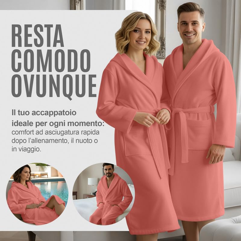 Accappatoio UNISEX Microfibra con Tasche Cappuccio e Cintura, Ideale per Casa, Viaggio, Palestra, Tessuto Morbido e Comodo, da S a XXL