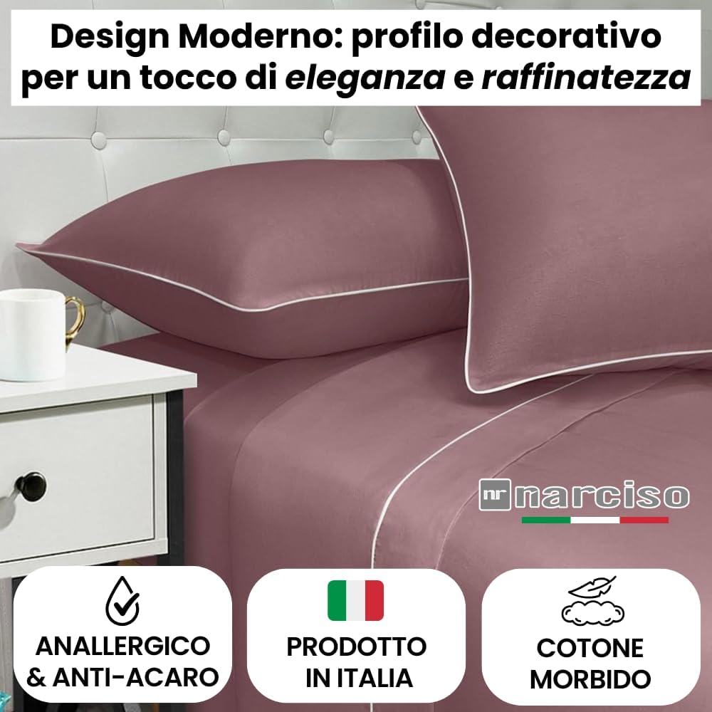 Lenzuola 100% Cotone Made in Italy con Profilo Decorativo, Fantasia Tinta Unita in Varie Colorazioni - 3 TAGLIE