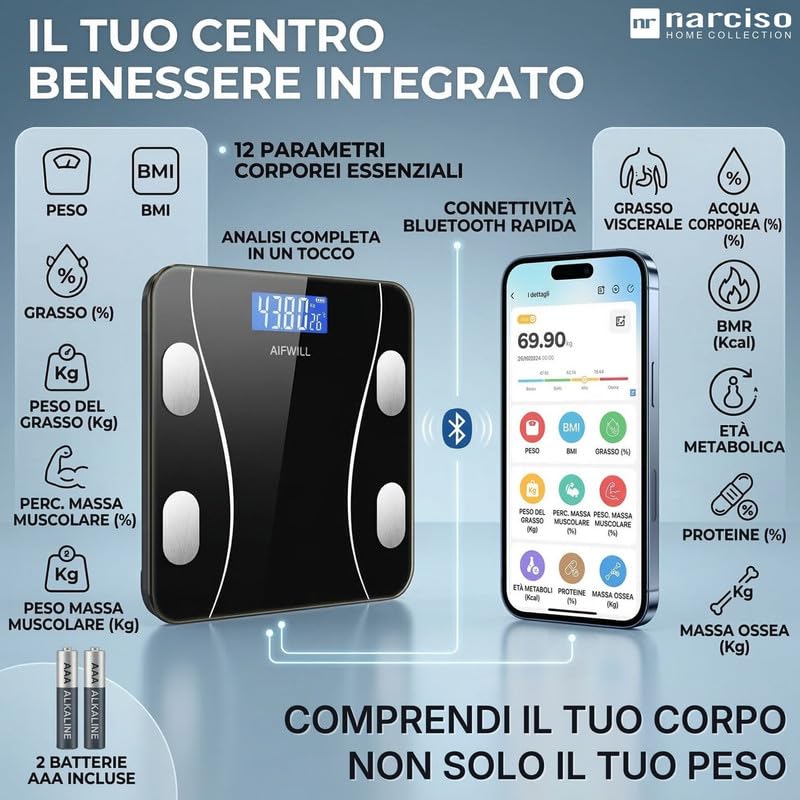 Bilancia Smart con App Multifunzione per Misurare e Registrare l’Andamento del Peso ed Altri Indici Corporei, Bilancia Intelligente con Analisi Corporea Digitale (Fino a 180KG)