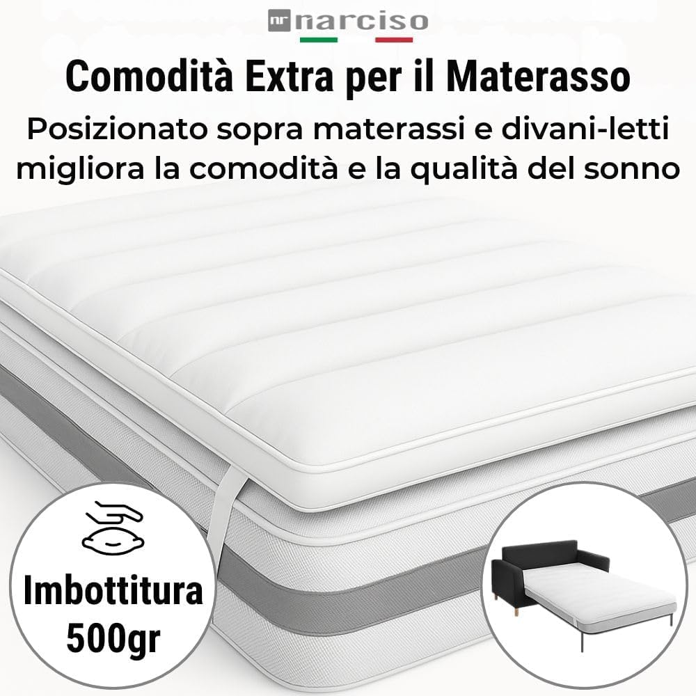 NARCISO Topper Una Piazza e Mezza 120x200 H3cm Trapuntato, Topper Materasso con Imbottitura 500gr/mq in Morbido Poliestere con Innovativa Tecnologia di Riempimento Made in Italy
