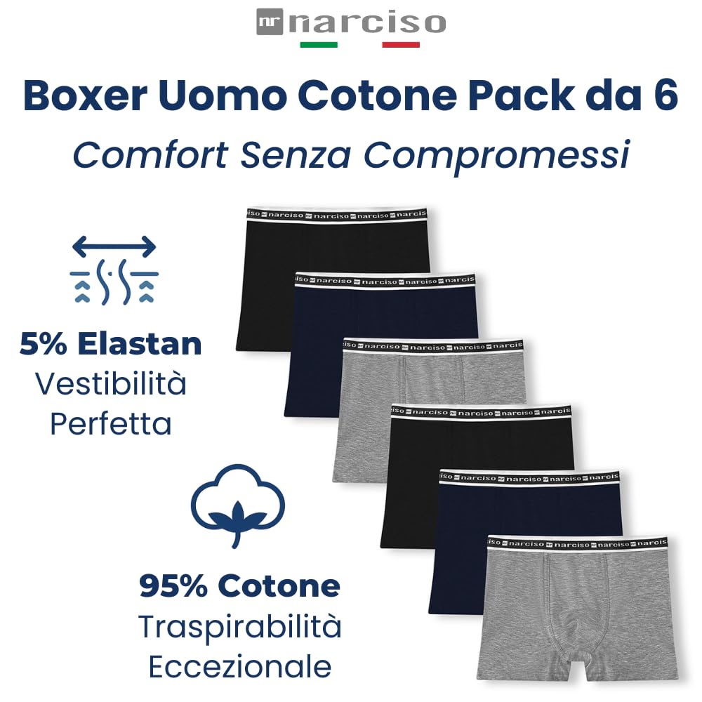 Boxer Uomo Cotone Pack da 6, Mutande Boxer Uomo Elasticizzate Vestibilità Perfetta, Comode da Indossare Tutto il Giorno, fare Sport, Intimo Uomo Cotone (da M a XXL)