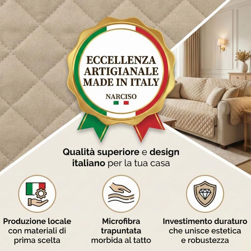 Copridivano con Braccioli Made in Italy, Copri Divano Reversibile Realizzato in Microfibra Lavabile Nota per la Resistenza all'Usura Quotidiana, Fissaggio con Laccetti