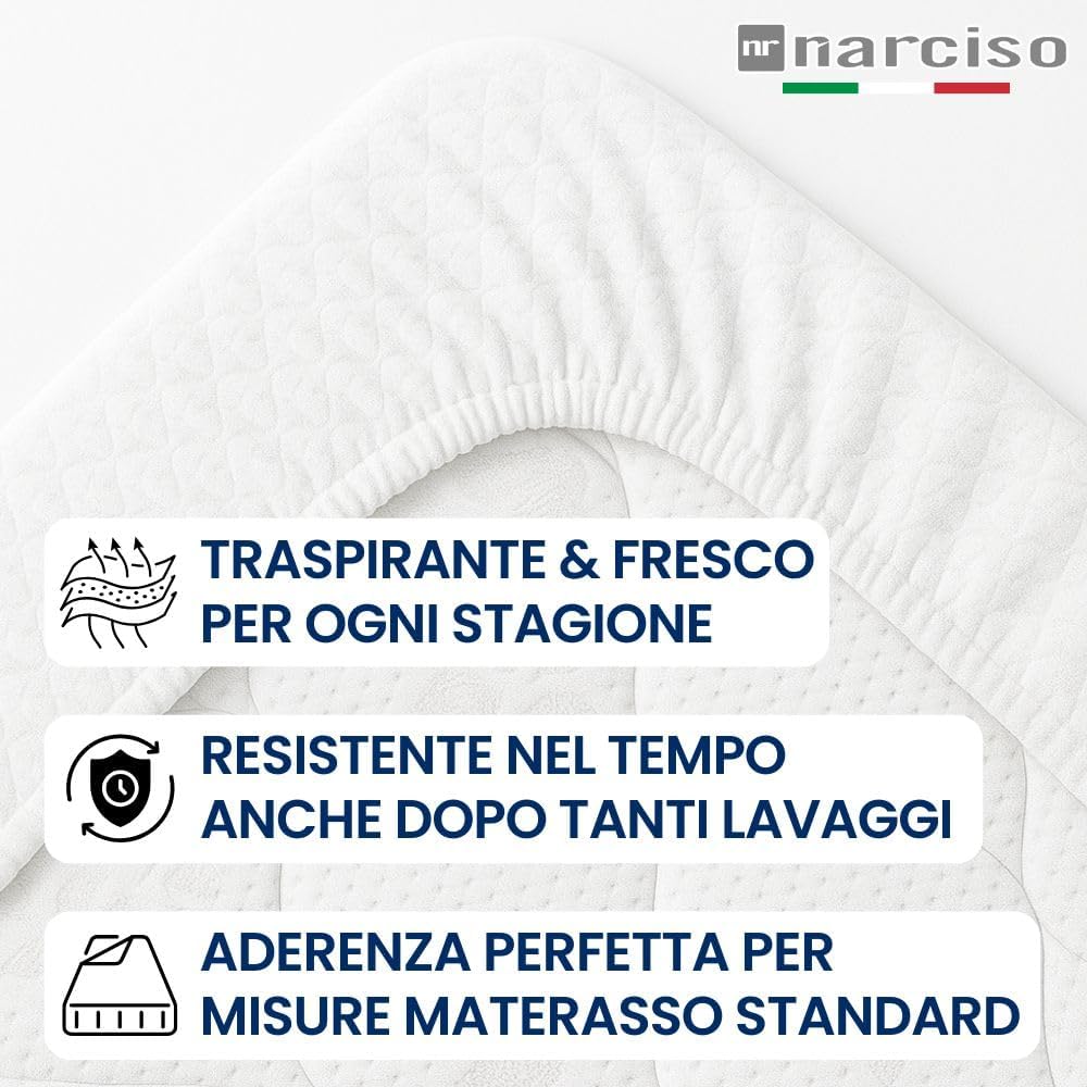 Coprimaterasso Impermeabile in Spugna con Bordi in Fibra Estendibile per Adattarsi al Materasso, Per Materassi Alti fino a 30 cm, Certificato OEKO-TEX STANDARD 100 - DISPONIBILE IN TUTTE LE TAGLIE