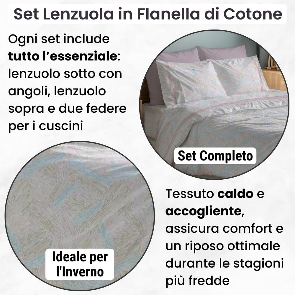 NARCISO Lenzuola di Flanella Made in Italy, Completo Lenzuola di Flanella in Cotone