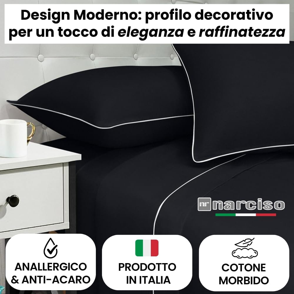 Lenzuola 100% Cotone Made in Italy con Profilo Decorativo, Fantasia Tinta Unita in Varie Colorazioni - 3 TAGLIE