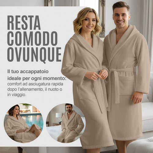 Accappatoio UNISEX Microfibra con Tasche Cappuccio e Cintura, Ideale per Casa, Viaggio, Palestra, Tessuto Morbido e Comodo, da S a XXL