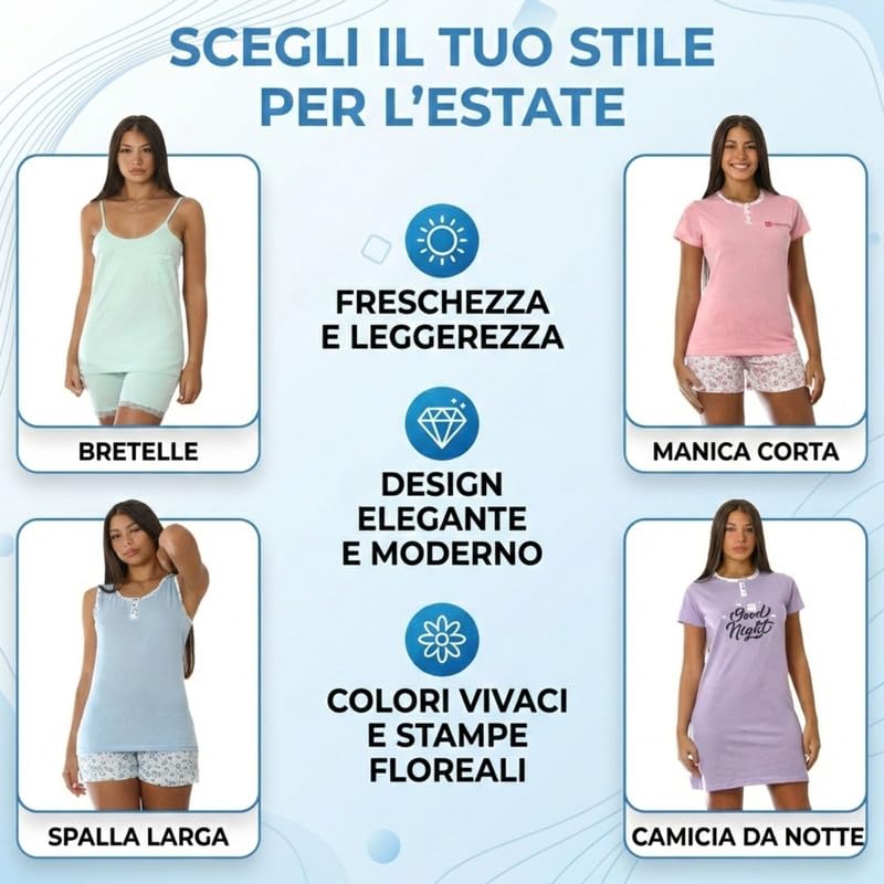 Pigiama Donna Cotone Leggero Corto con Design Unici per Estate e Mezza Stagione, Taglie da S a XL