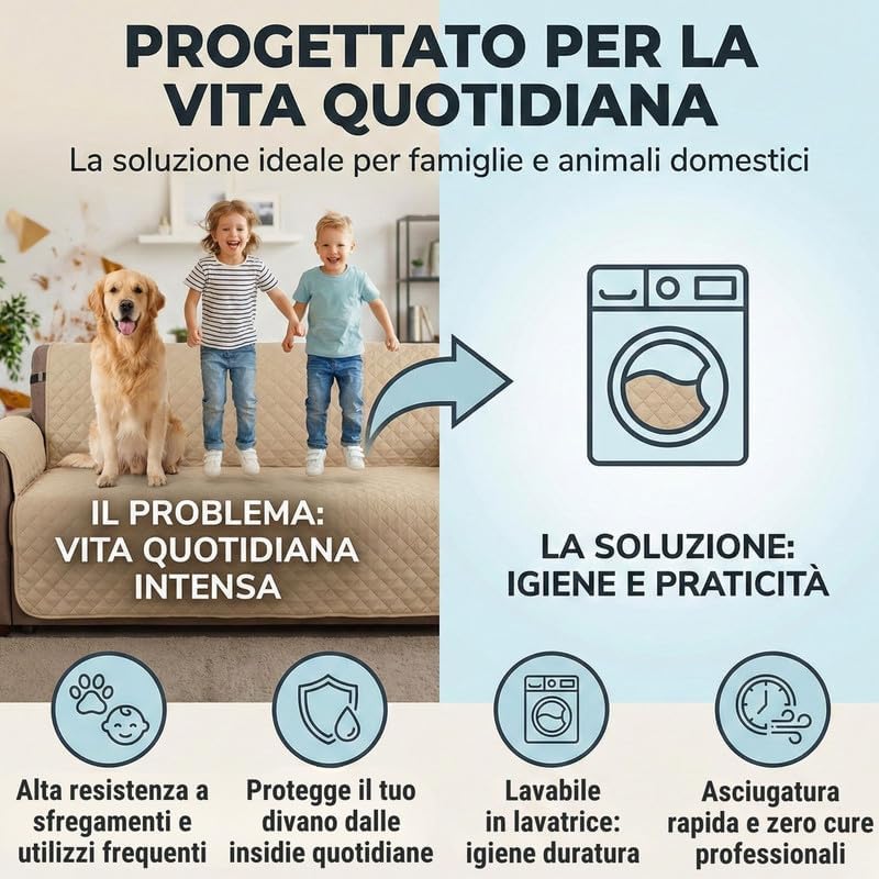 Copridivano con Braccioli Made in Italy, Copri Divano Reversibile Realizzato in Microfibra Lavabile Nota per la Resistenza all'Usura Quotidiana, Fissaggio con Laccetti