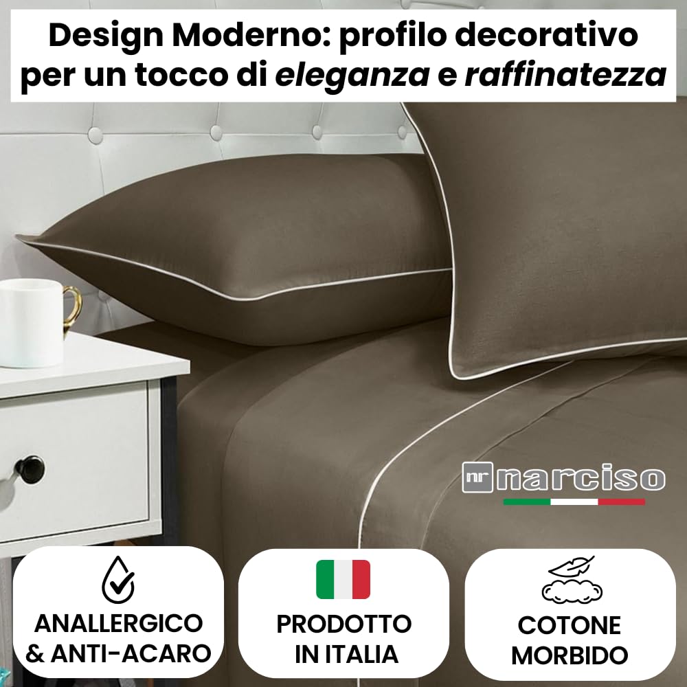 Lenzuola 100% Cotone Made in Italy con Profilo Decorativo, Fantasia Tinta Unita in Varie Colorazioni - 3 TAGLIE