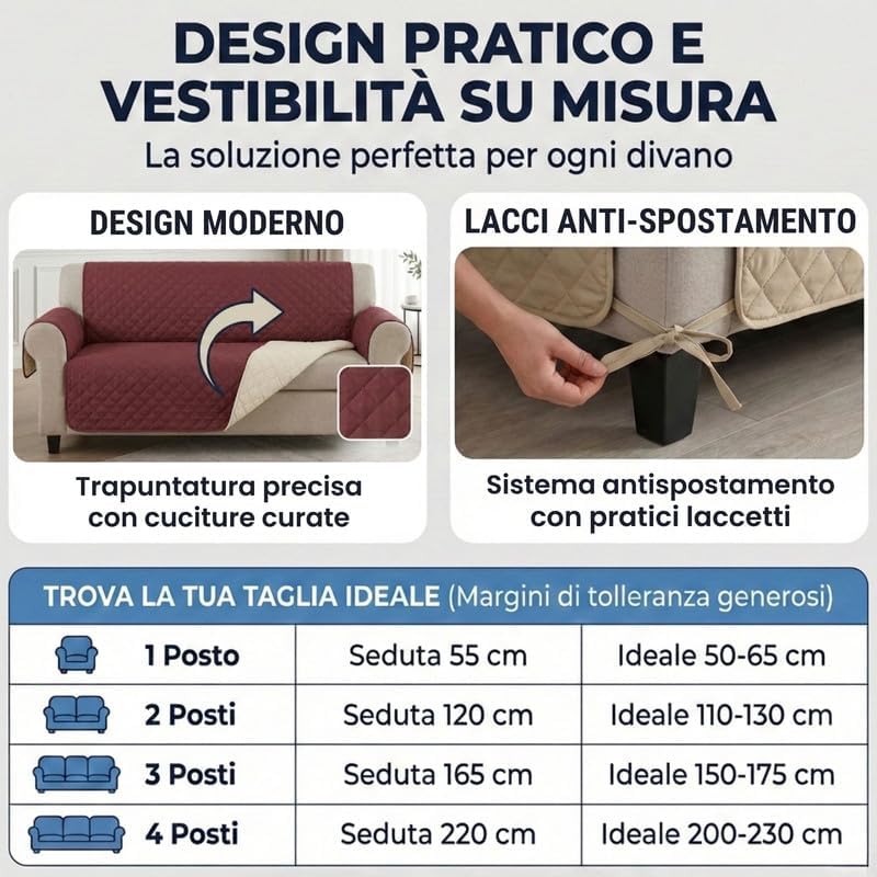 Copridivano con Braccioli Made in Italy, Copri Divano Reversibile Realizzato in Microfibra Lavabile Nota per la Resistenza all'Usura Quotidiana, Fissaggio con Laccetti