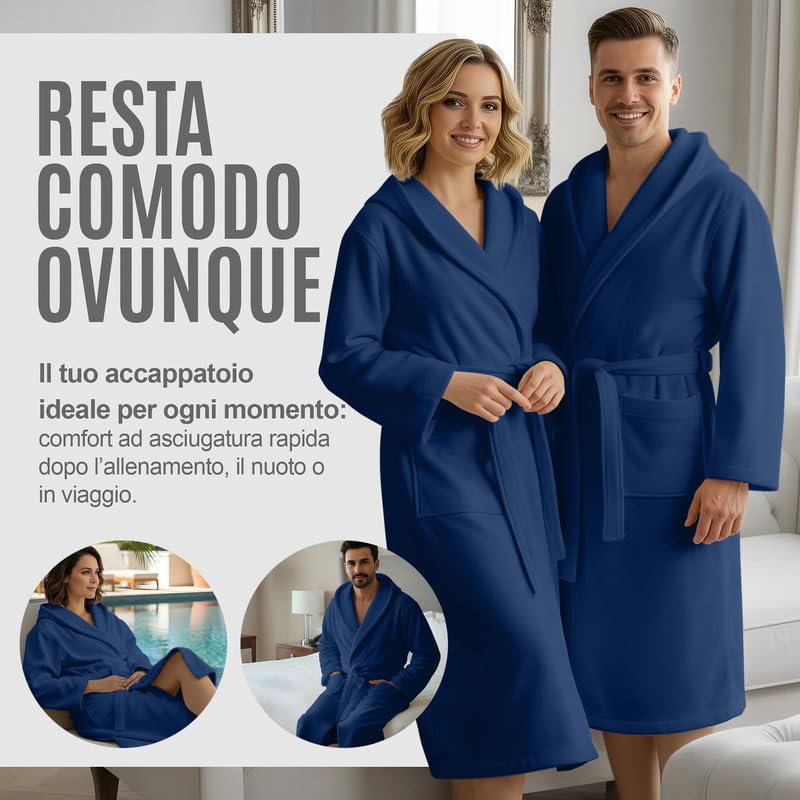 Accappatoio UNISEX Microfibra con Tasche Cappuccio e Cintura, Ideale per Casa, Viaggio, Palestra, Tessuto Morbido e Comodo, da S a XXL