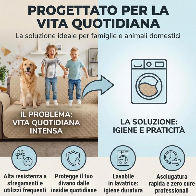 Copridivano con Braccioli Made in Italy, Copri Divano Reversibile Realizzato in Microfibra Lavabile Nota per la Resistenza all'Usura Quotidiana, Fissaggio con Laccetti