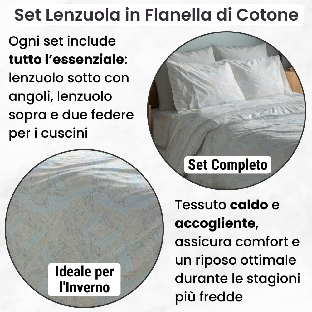 NARCISO Lenzuola di Flanella Made in Italy, Completo Lenzuola di Flanella in Cotone