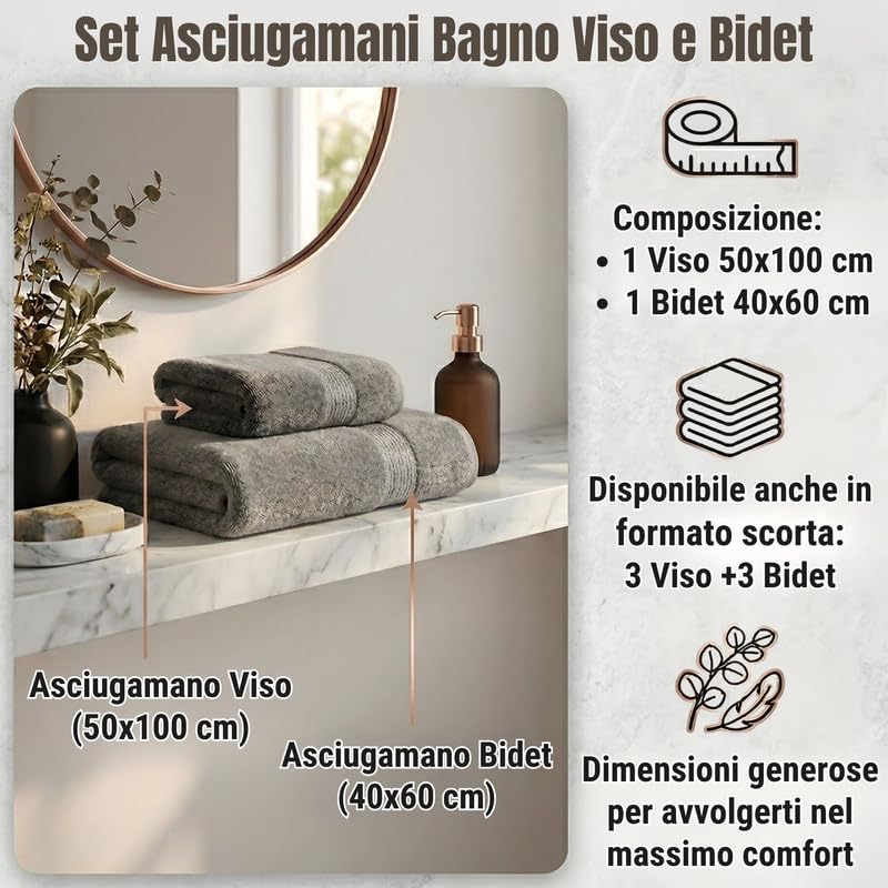 Set Asciugamani Bagno 2 Pezzi: Viso (50x100 cm) & Bidet (40x60 cm)