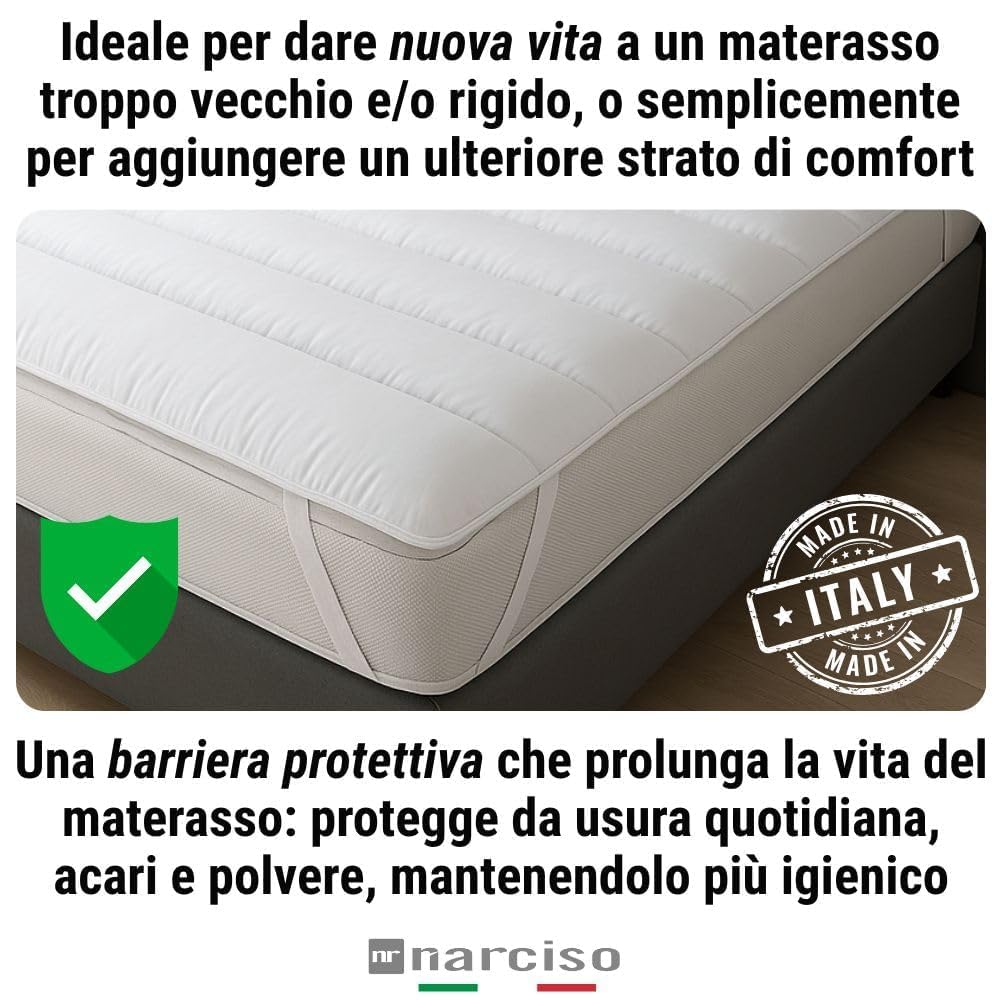 NARCISO Topper Una Piazza e Mezza 120x200 H3cm Trapuntato, Topper Materasso con Imbottitura 500gr/mq in Morbido Poliestere con Innovativa Tecnologia di Riempimento Made in Italy