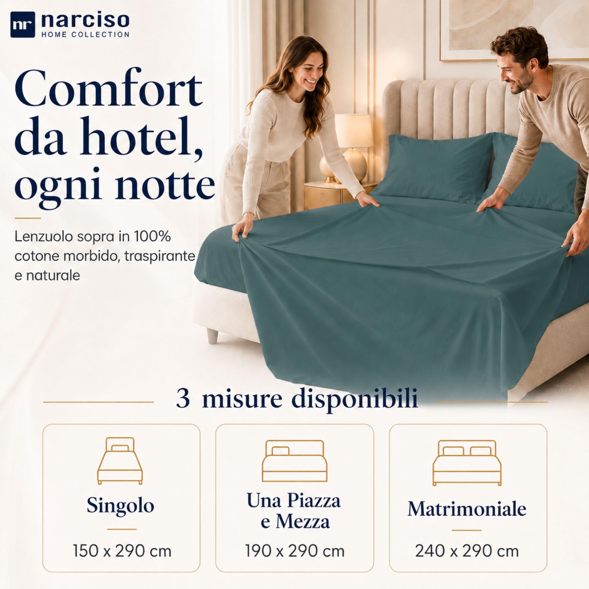 Lenzuolo Sopra 100% Cotone, Anallergico e Traspirante Abbinabile alle Nostre Federe e Lenzuolo con Angoli in Cotone, Made in Italy