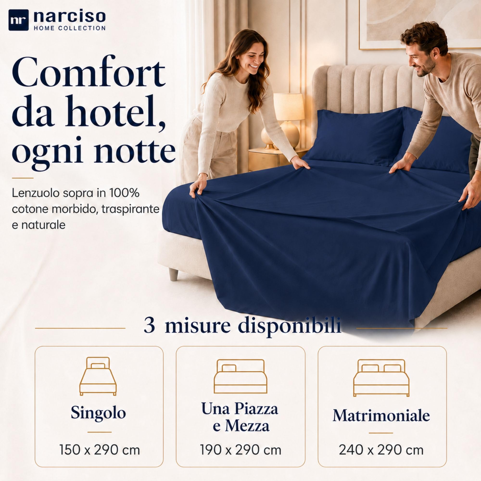 Lenzuolo Sopra 100% Cotone, Anallergico e Traspirante Abbinabile alle Nostre Federe e Lenzuolo con Angoli in Cotone, Made in Italy