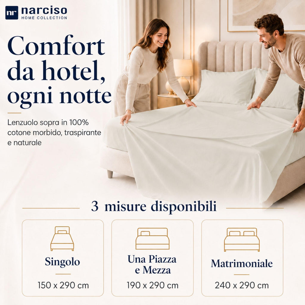 Lenzuolo Sopra 100% Cotone, Anallergico e Traspirante Abbinabile alle Nostre Federe e Lenzuolo con Angoli in Cotone, Made in Italy