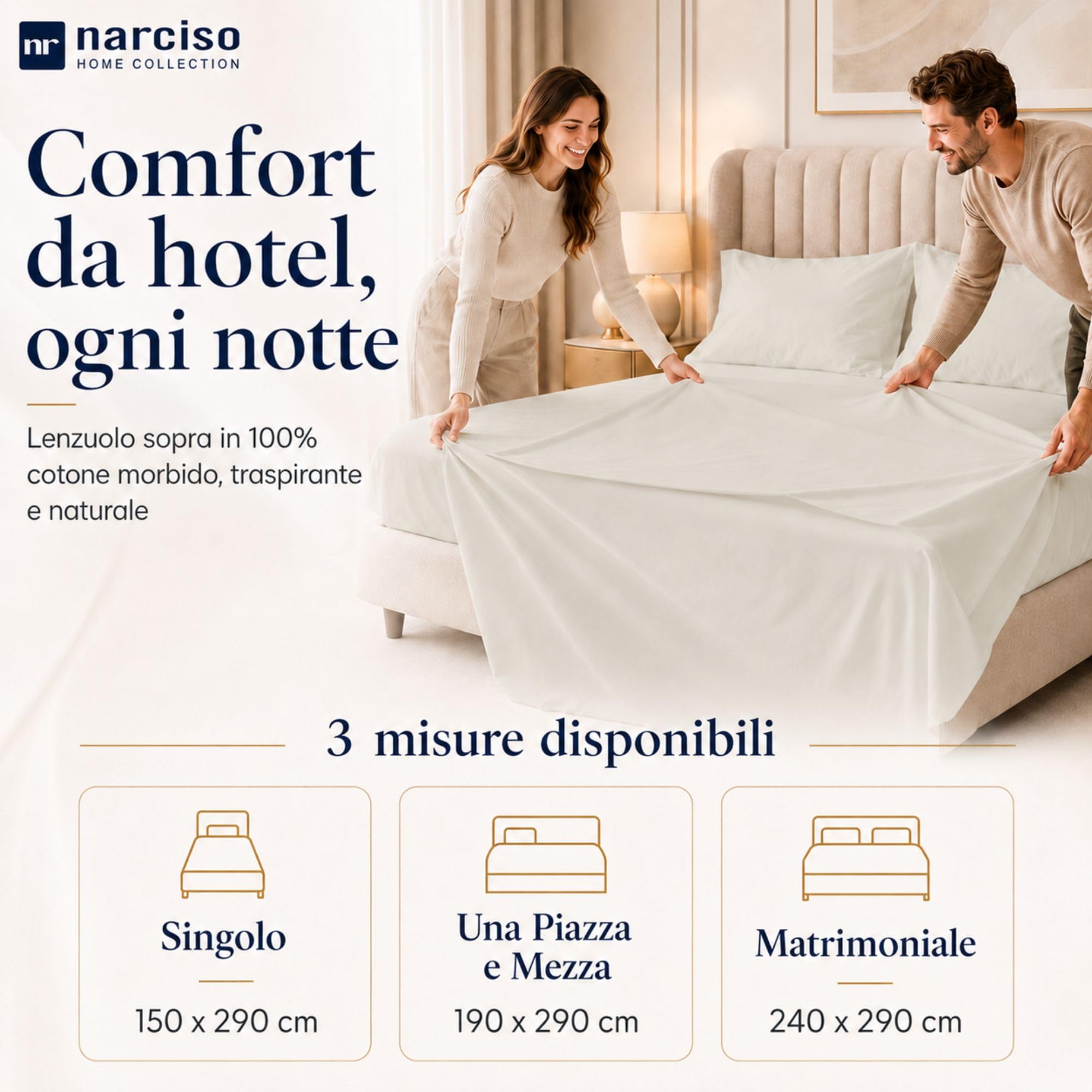 Lenzuolo Sopra 100% Cotone, Anallergico e Traspirante Abbinabile alle Nostre Federe e Lenzuolo con Angoli in Cotone, Made in Italy