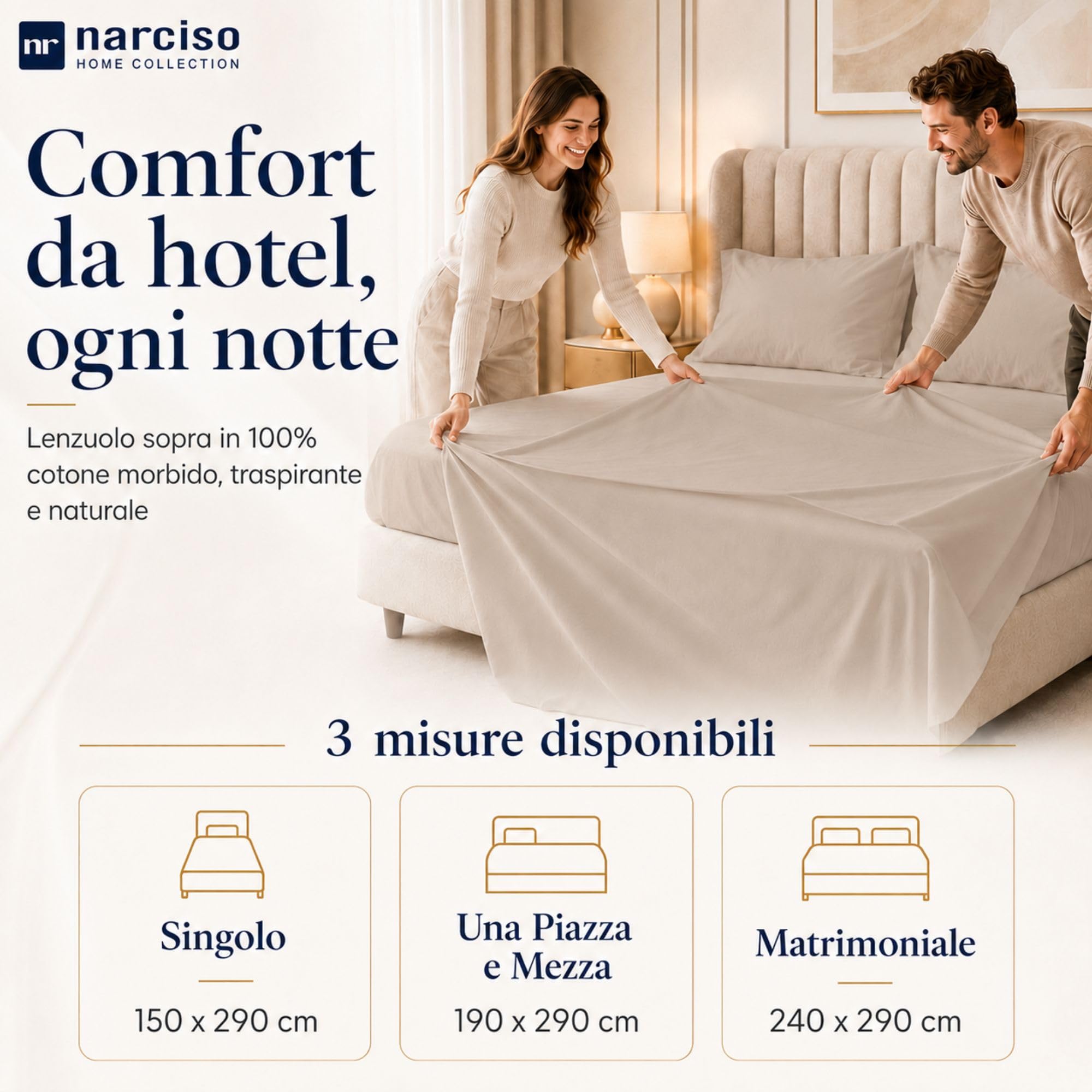 Lenzuolo Sopra 100% Cotone, Anallergico e Traspirante Abbinabile alle Nostre Federe e Lenzuolo con Angoli in Cotone, Made in Italy