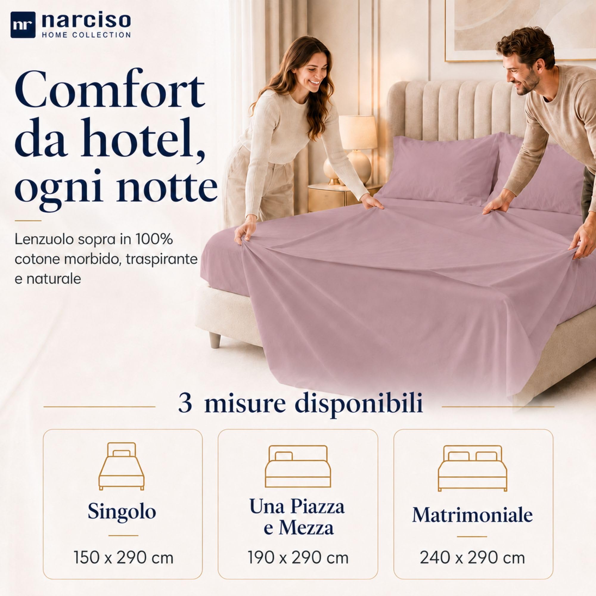 Lenzuolo Sopra 100% Cotone, Anallergico e Traspirante Abbinabile alle Nostre Federe e Lenzuolo con Angoli in Cotone, Made in Italy