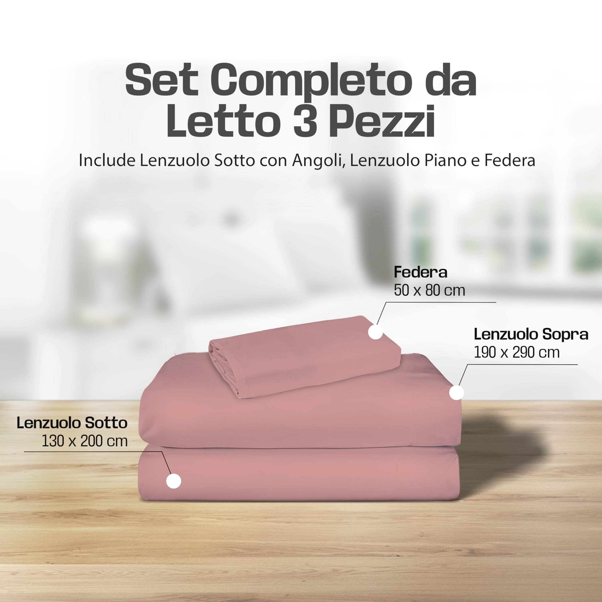 Lenzuola Letto Cotone Made in Italy, Completo Letto - Diversi colori - 3 TAGLIE