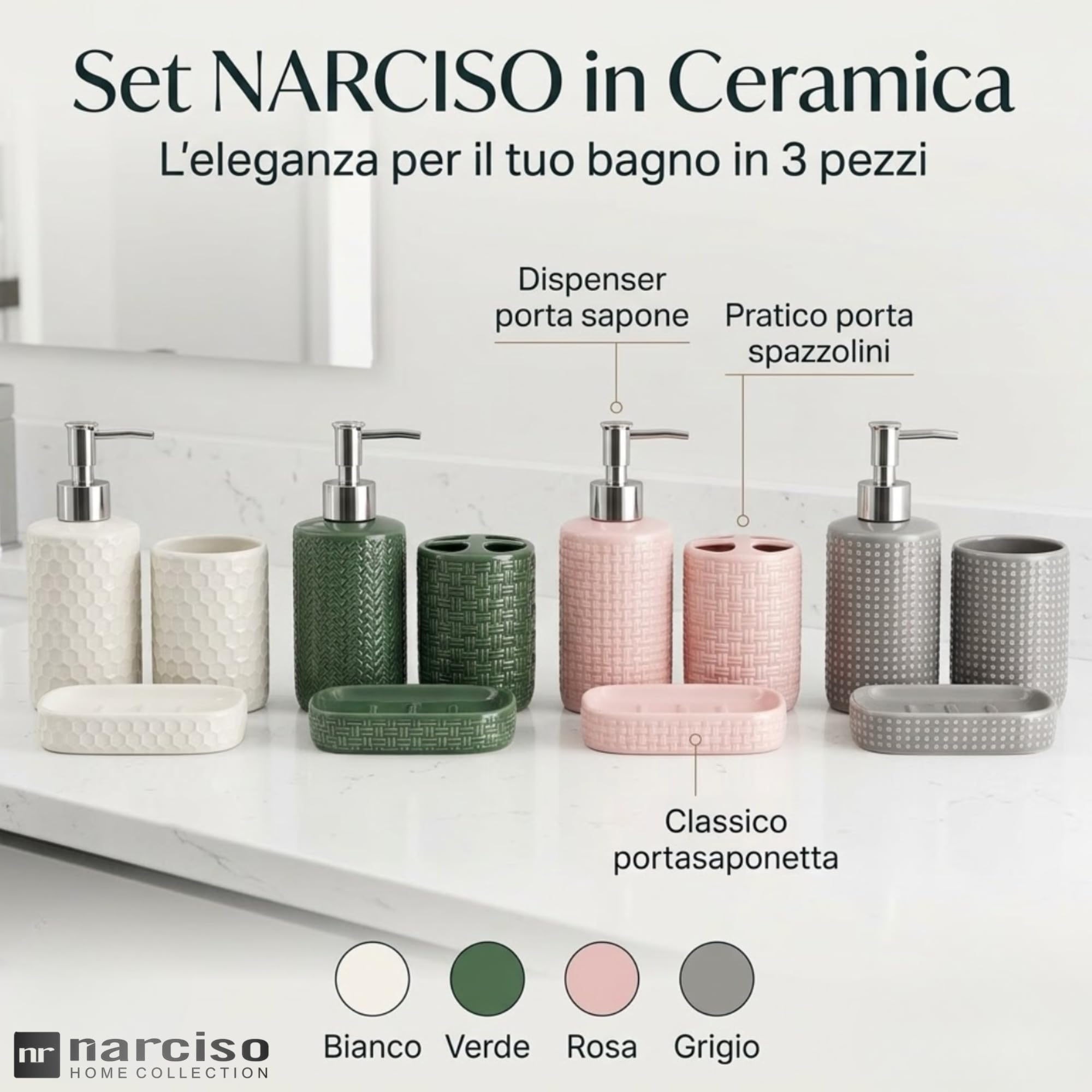 Set Bagno Accessori Completo 3 Pezzi in Ceramica, Set Bagno Porta Sapone e Spazzolini con Portasaponetta un Kit Completo Funzionale e Decorativo
