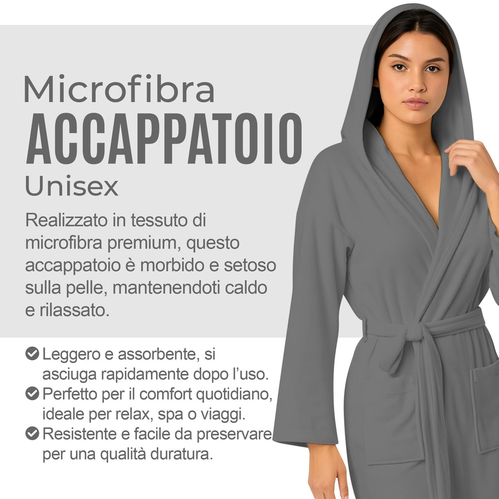 Accappatoio UNISEX Microfibra con Tasche Cappuccio e Cintura, Ideale per Casa, Viaggio, Palestra, Tessuto Morbido e Comodo, da S a XXL