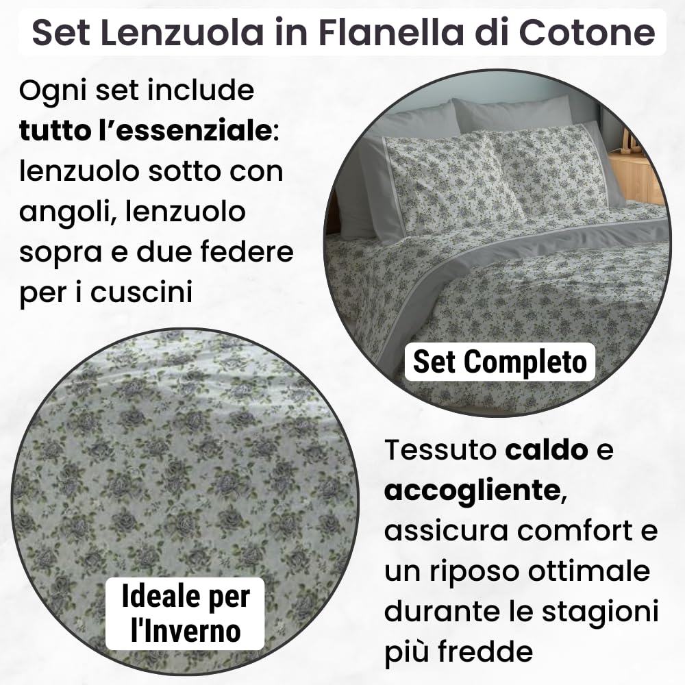 NARCISO Lenzuola di Flanella Made in Italy, Completo Lenzuola di Flanella in Cotone
