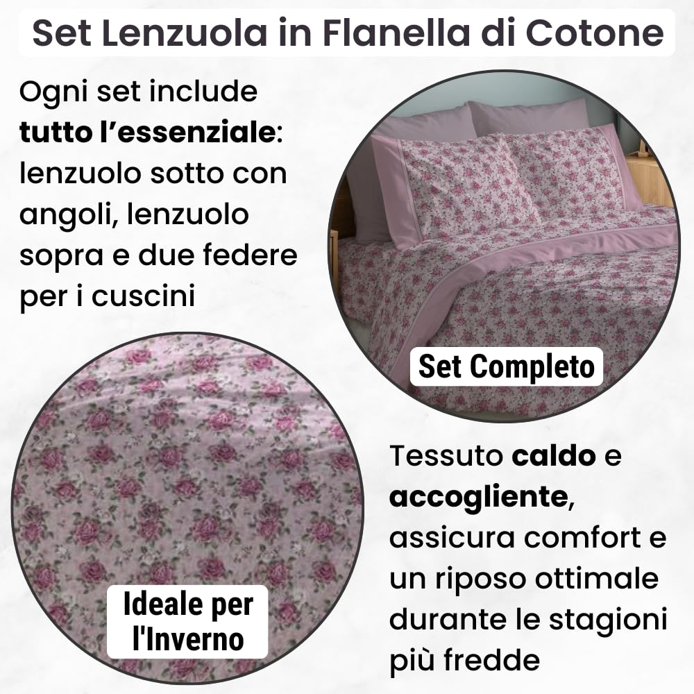 NARCISO Lenzuola di Flanella Made in Italy, Completo Lenzuola di Flanella in Cotone