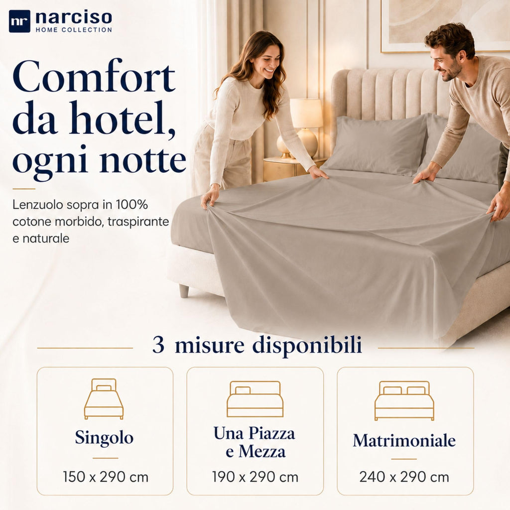 Lenzuolo Sopra 100% Cotone, Anallergico e Traspirante Abbinabile alle Nostre Federe e Lenzuolo con Angoli in Cotone, Made in Italy