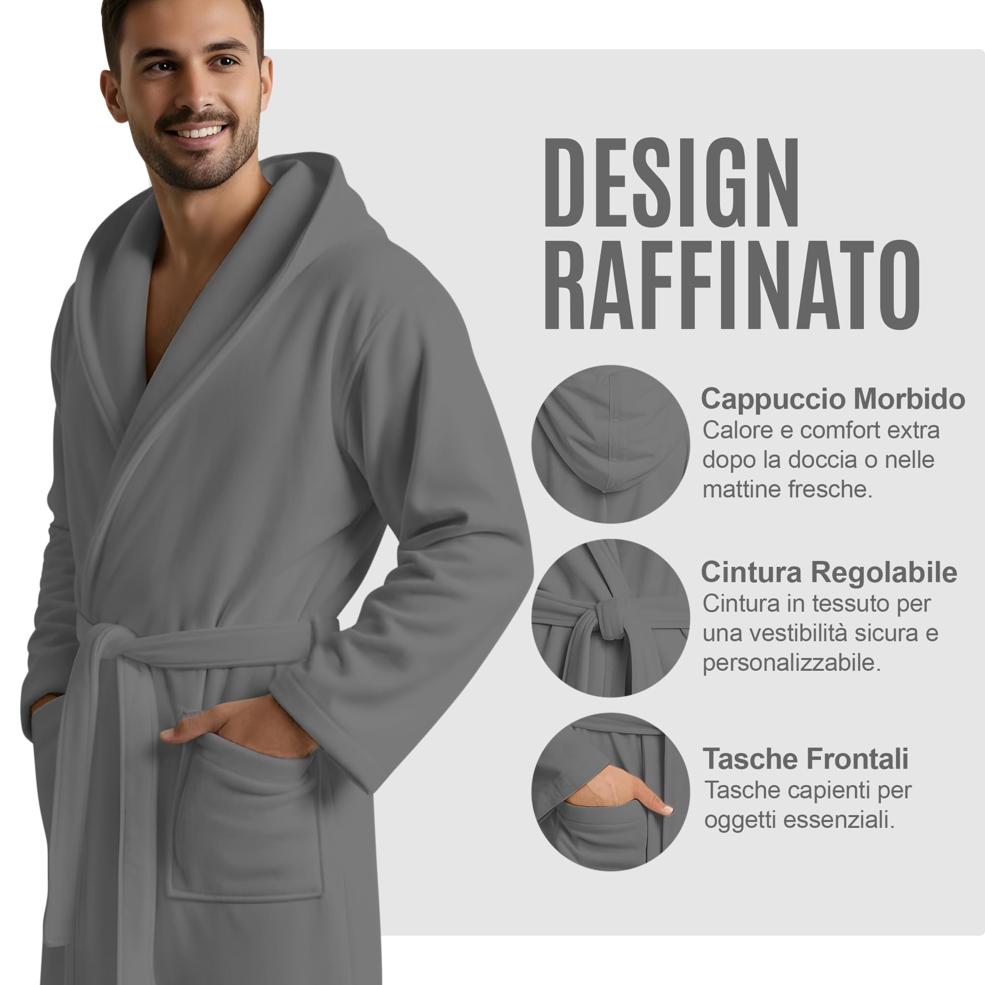 Accappatoio UNISEX Microfibra con Tasche Cappuccio e Cintura, Ideale per Casa, Viaggio, Palestra, Tessuto Morbido e Comodo, da S a XXL