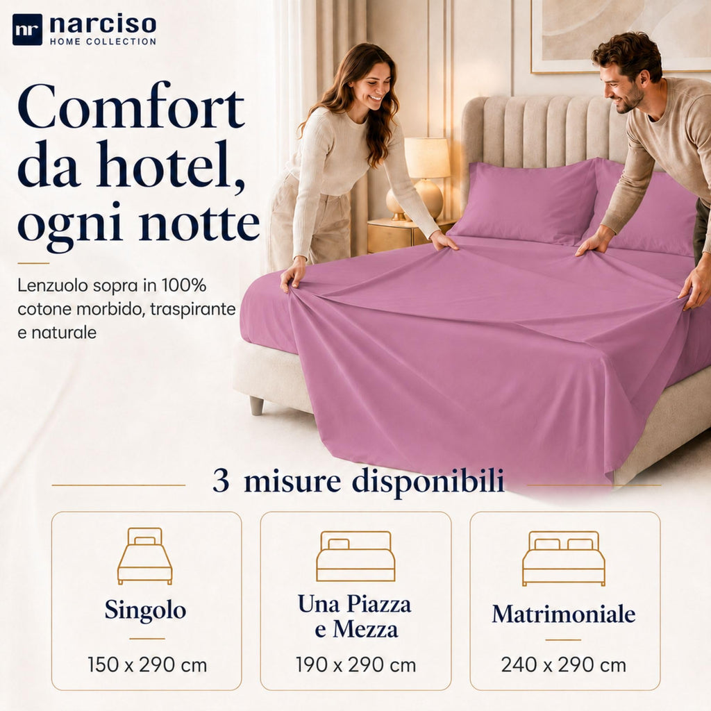 Lenzuolo Sopra 100% Cotone, Anallergico e Traspirante Abbinabile alle Nostre Federe e Lenzuolo con Angoli in Cotone, Made in Italy