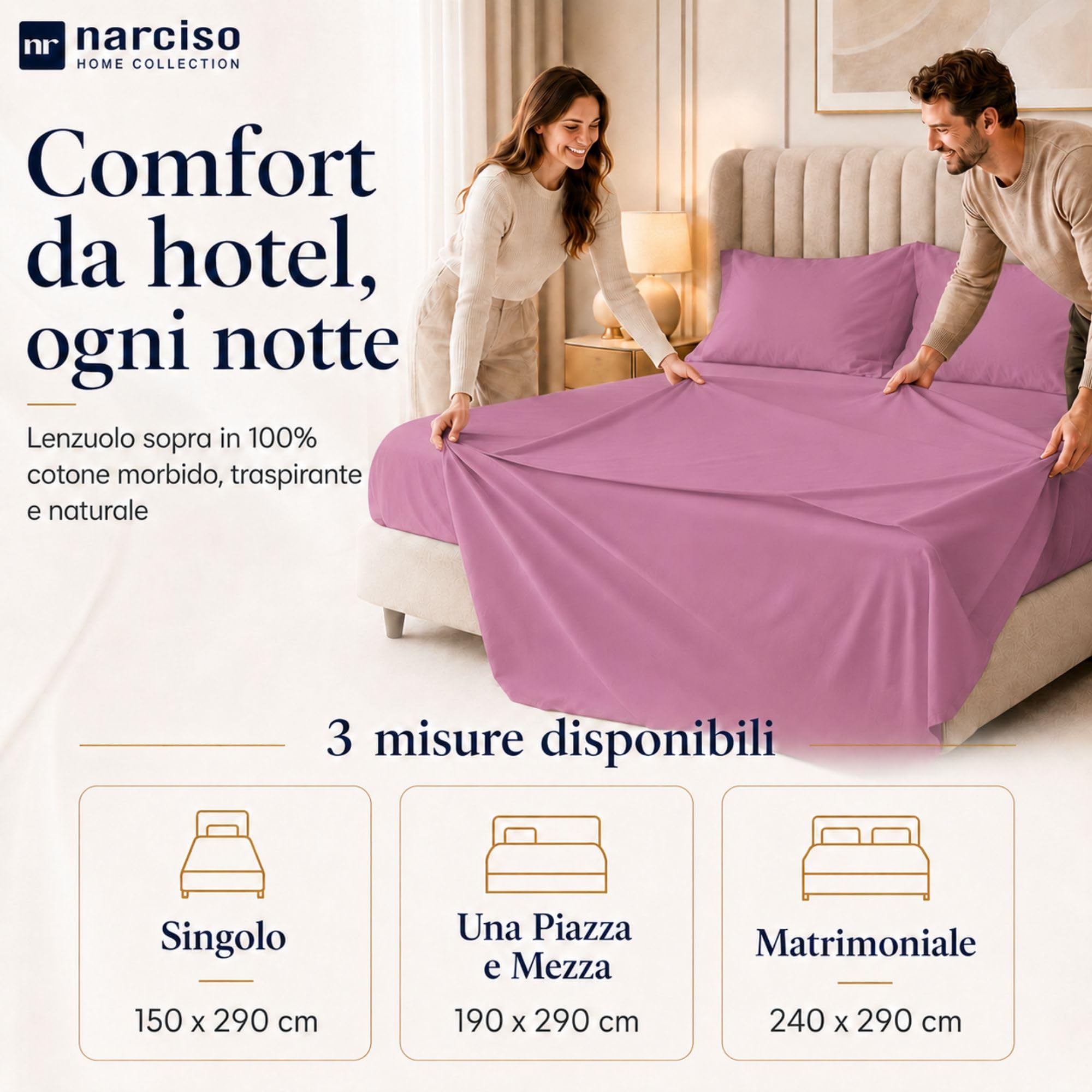 Lenzuolo Sopra 100% Cotone, Anallergico e Traspirante Abbinabile alle Nostre Federe e Lenzuolo con Angoli in Cotone, Made in Italy
