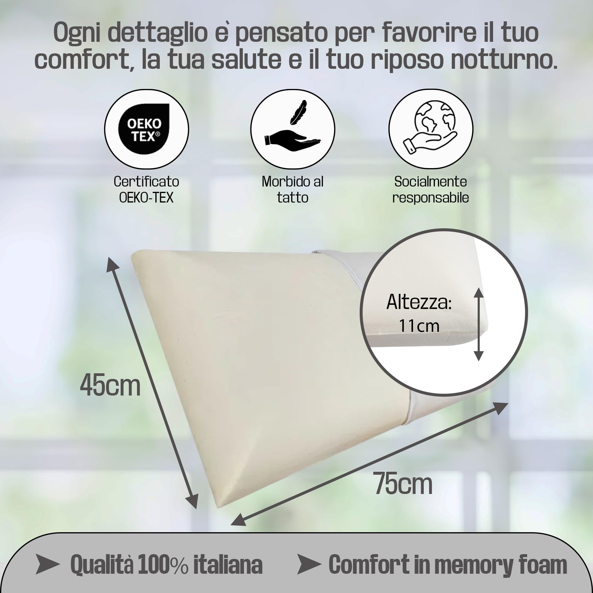 Coppia Cuscini Letto Matrimoniale (H 11cm) Cuscino Memory Foam Basso, Guanciale Letto Morbido ed Anallergico con Fodera Esterna Jacquard Aloe, Garantisce Sonno Profondo e Traspirabilità Ottima