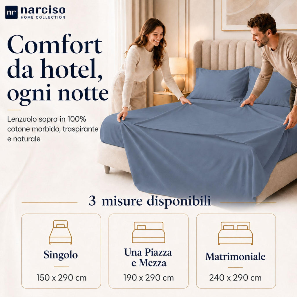 Lenzuolo Sopra 100% Cotone, Anallergico e Traspirante Abbinabile alle Nostre Federe e Lenzuolo con Angoli in Cotone, Made in Italy