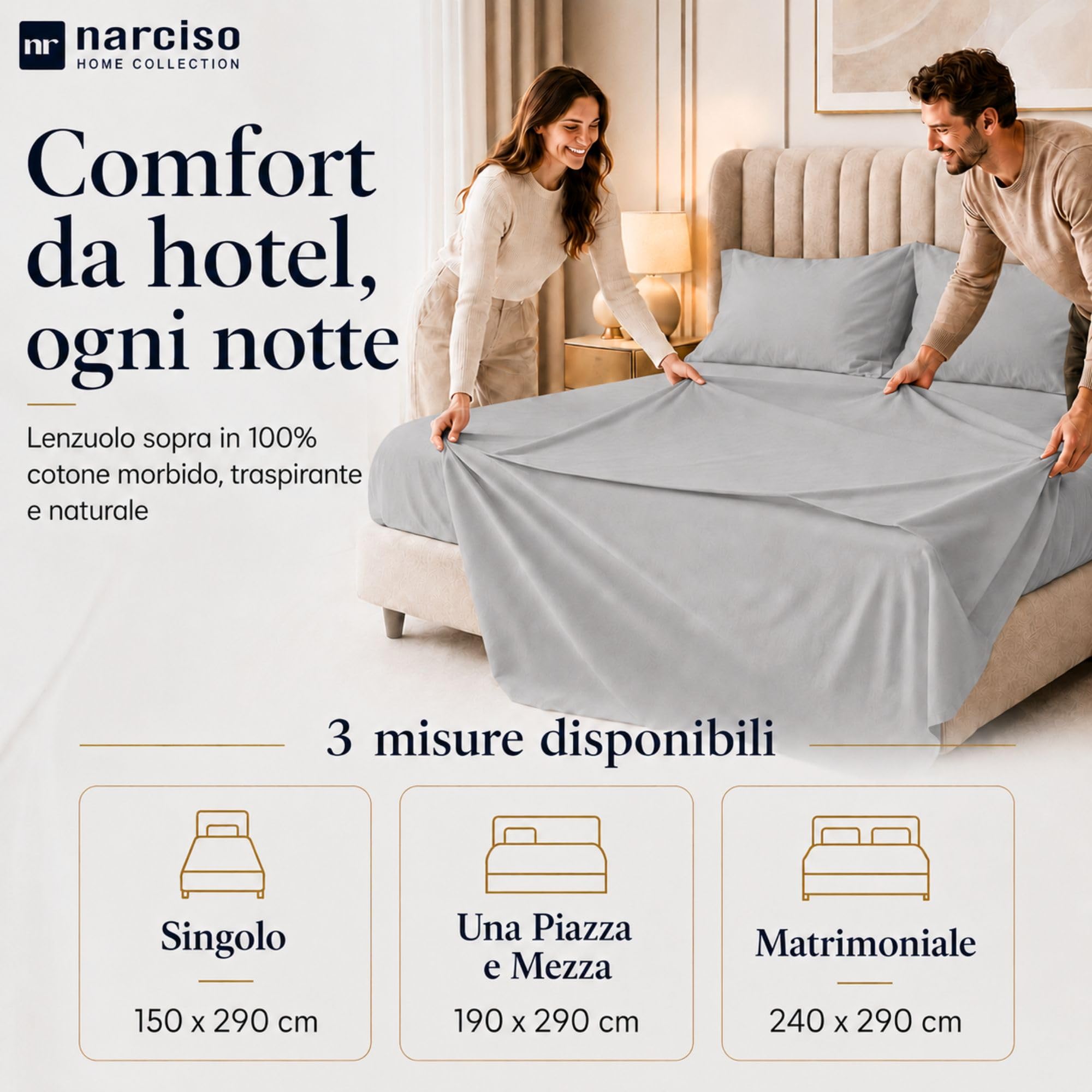 Lenzuolo Sopra 100% Cotone, Anallergico e Traspirante Abbinabile alle Nostre Federe e Lenzuolo con Angoli in Cotone, Made in Italy