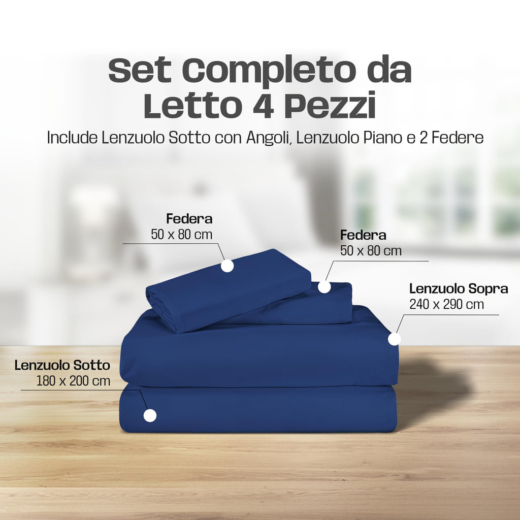 Lenzuola Letto Cotone Made in Italy, Completo Letto - Diversi colori - 3 TAGLIE