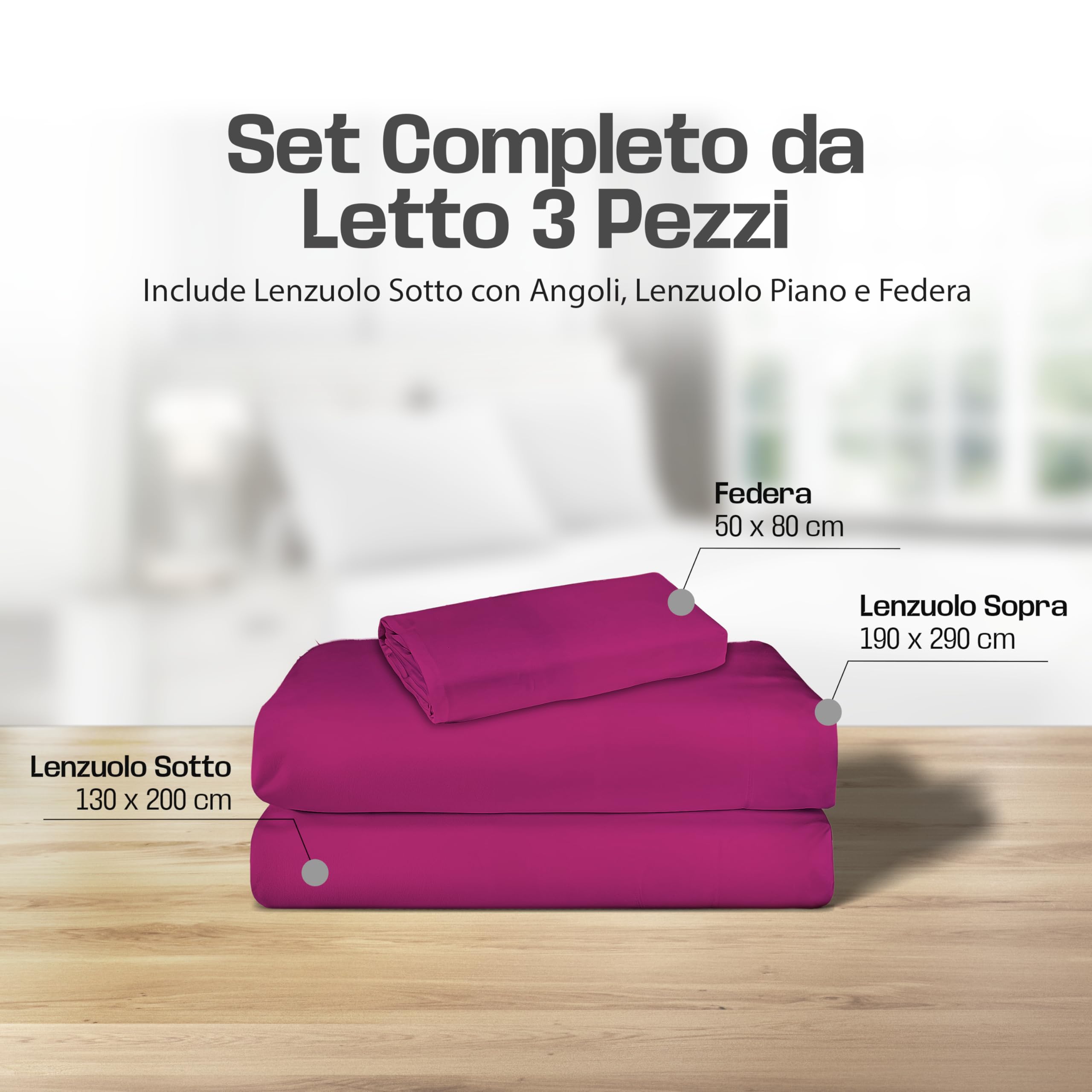 Lenzuola Letto Cotone Made in Italy, Completo Letto - Diversi colori - 3 TAGLIE