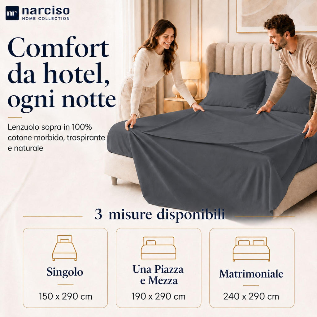 Lenzuolo Sopra 100% Cotone, Anallergico e Traspirante Abbinabile alle Nostre Federe e Lenzuolo con Angoli in Cotone, Made in Italy