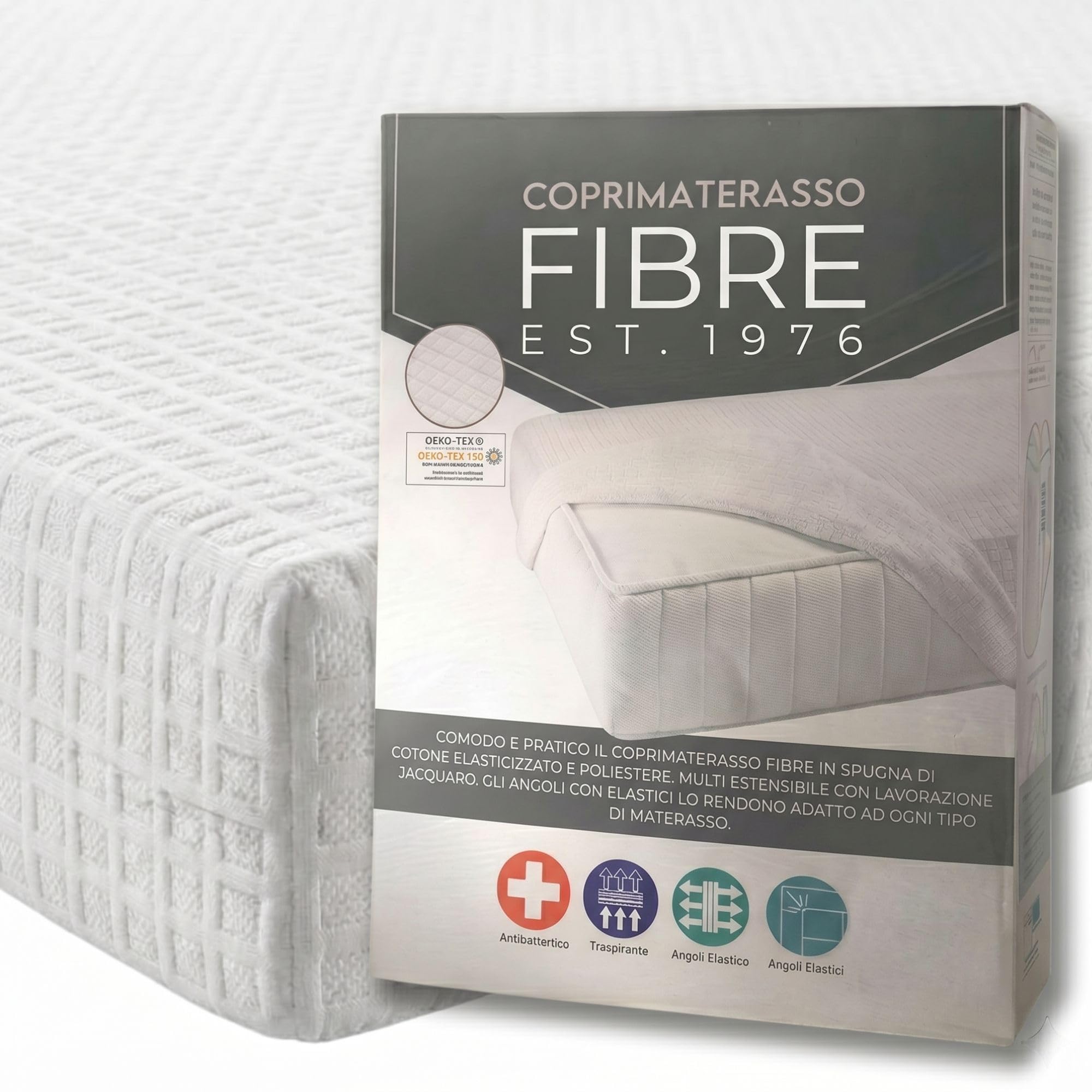 FIBRE EST. 1976 - Coprimaterasso in Cotone con Elastico agli Angoli, Copri Materasso Antiacaro in Spugna Anallergica, Effetto Massaggiante e Non Scivola