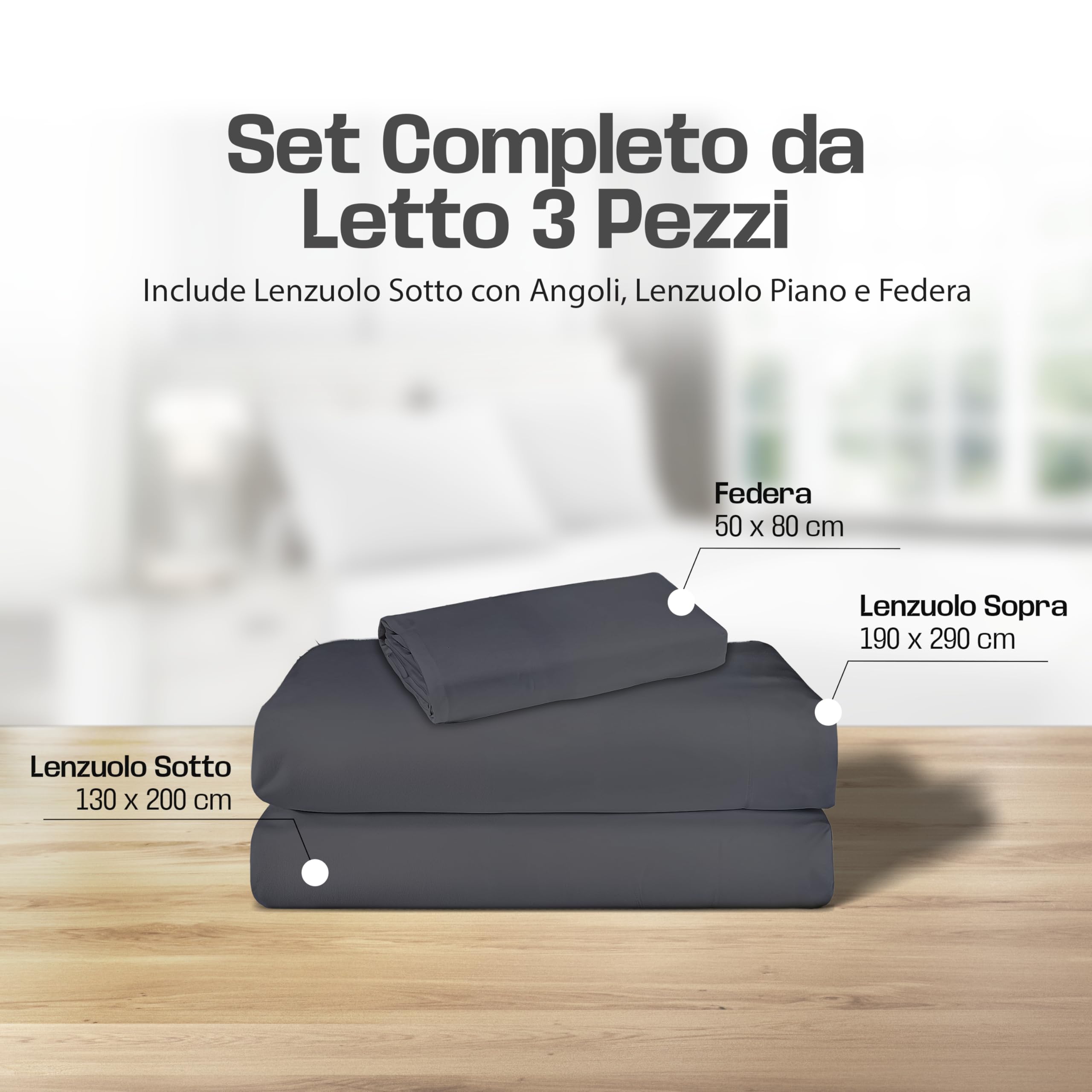 Lenzuola Letto Cotone Made in Italy, Completo Letto - Diversi colori - 3 TAGLIE