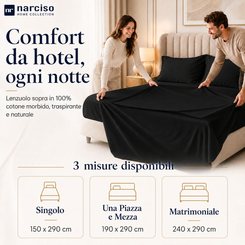 Lenzuolo Sopra 100% Cotone, Anallergico e Traspirante Abbinabile alle Nostre Federe e Lenzuolo con Angoli in Cotone, Made in Italy