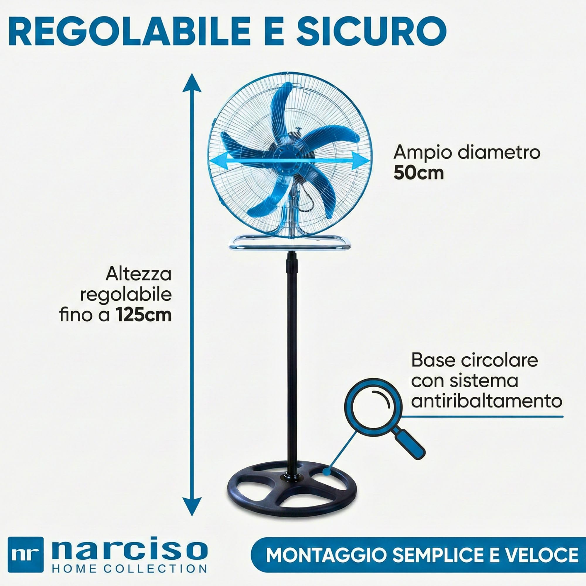 Ventilatore a Colonna Silenzioso 3 in 1, Utilizzabile a Piantana (Regolabile fino a 125cm), a Parete ed a Muro, Ventilatore a Pale Aria Fredda Grande 3 Velocità, Sistema Antiribaltamento