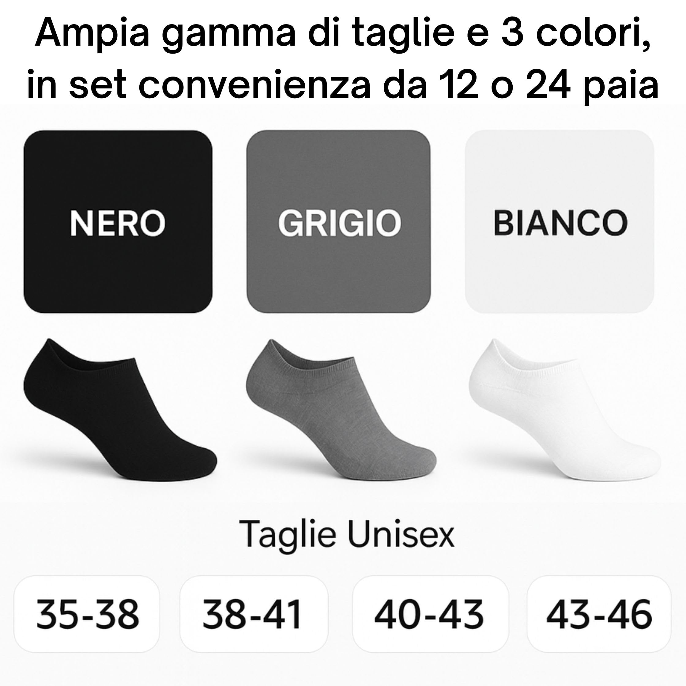 12 Paia Calzini UNISEX Corti in Cotone,  Taglie da 35 a 46, Traspiranti e Resistenti, Si Adattano Perfettamente Grazie alla Presenza di Elastane