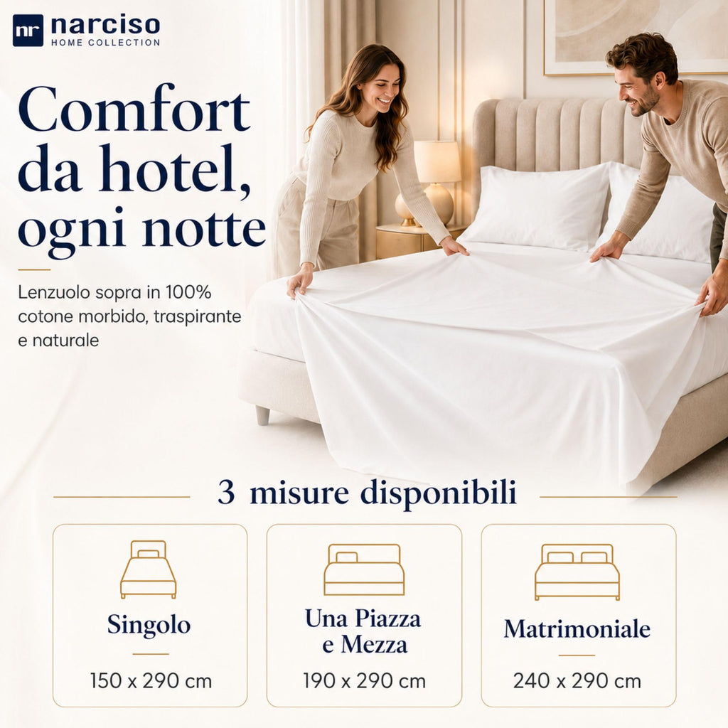 Lenzuolo Sopra 100% Cotone, Anallergico e Traspirante Abbinabile alle Nostre Federe e Lenzuolo con Angoli in Cotone, Made in Italy