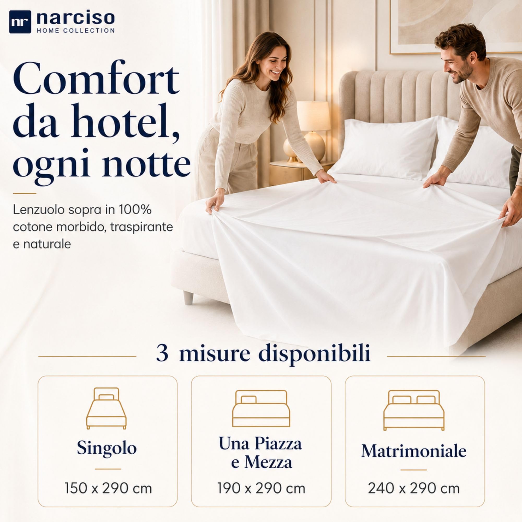 Lenzuolo Sopra 100% Cotone, Anallergico e Traspirante Abbinabile alle Nostre Federe e Lenzuolo con Angoli in Cotone, Made in Italy