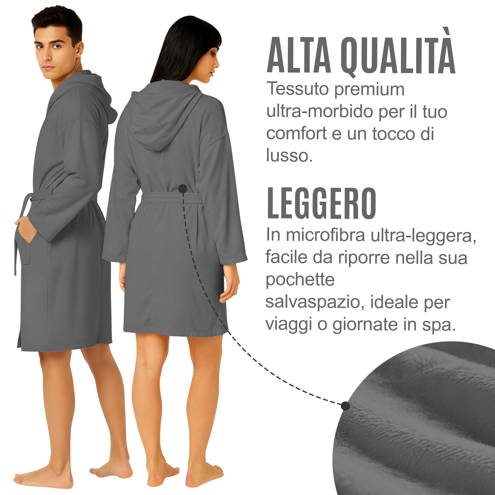 Accappatoio UNISEX Microfibra con Tasche Cappuccio e Cintura, Ideale per Casa, Viaggio, Palestra, Tessuto Morbido e Comodo, da S a XXL