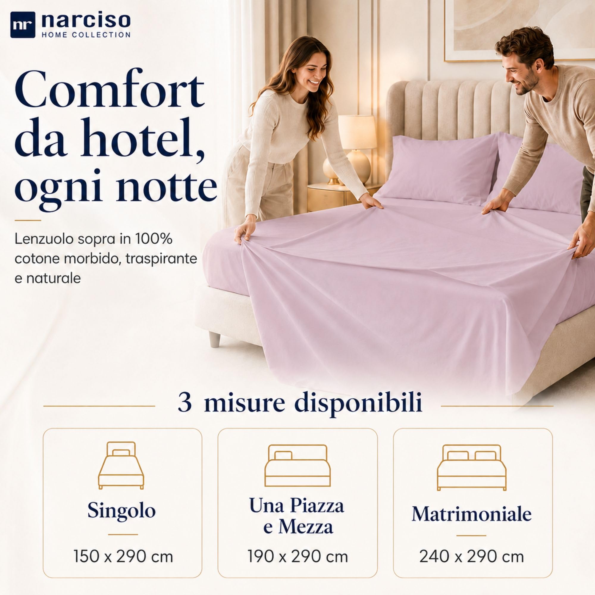 Lenzuolo Sopra 100% Cotone, Anallergico e Traspirante Abbinabile alle Nostre Federe e Lenzuolo con Angoli in Cotone, Made in Italy